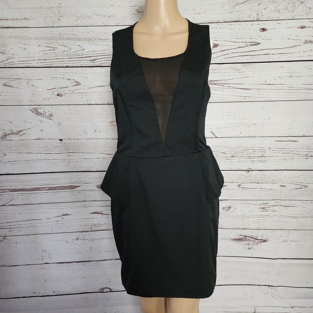 SHILLA Black Peplum Bodycon Dress with Mesh Panel – Medium NWT